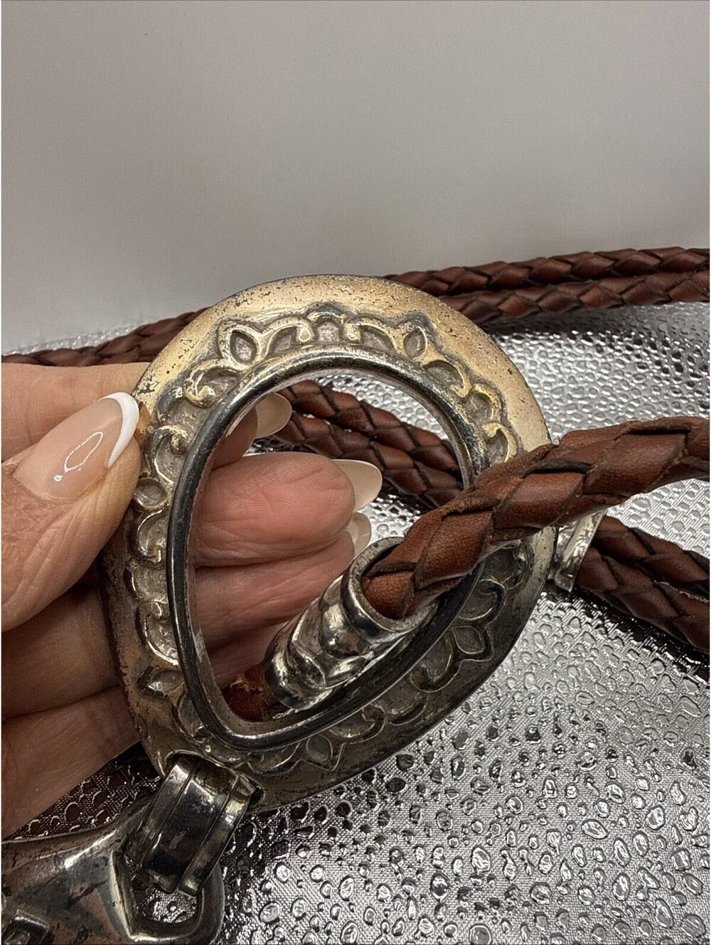 Vintage 1994 Braided Leather Belt Brown Silver Western Boho Teardrop Buckle